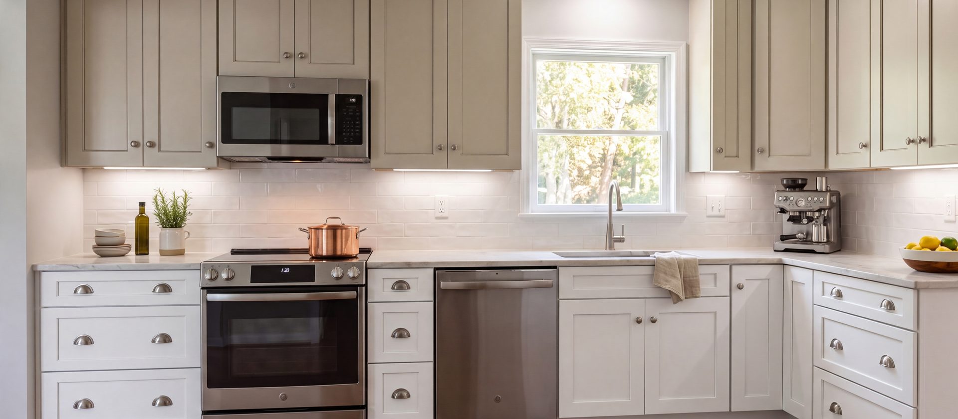 White shaker kitchen with a stainless range and subway tile backsplash
