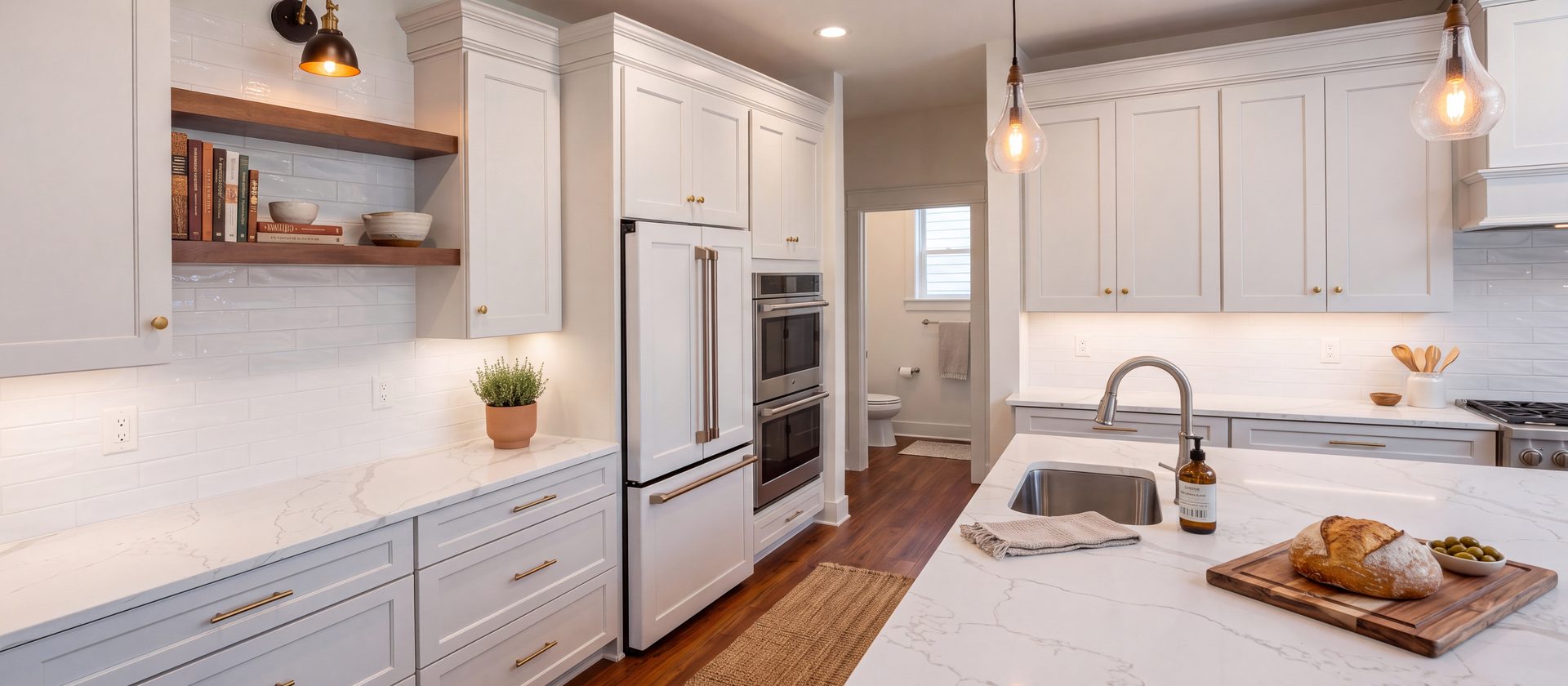 White cabinets with open shelving