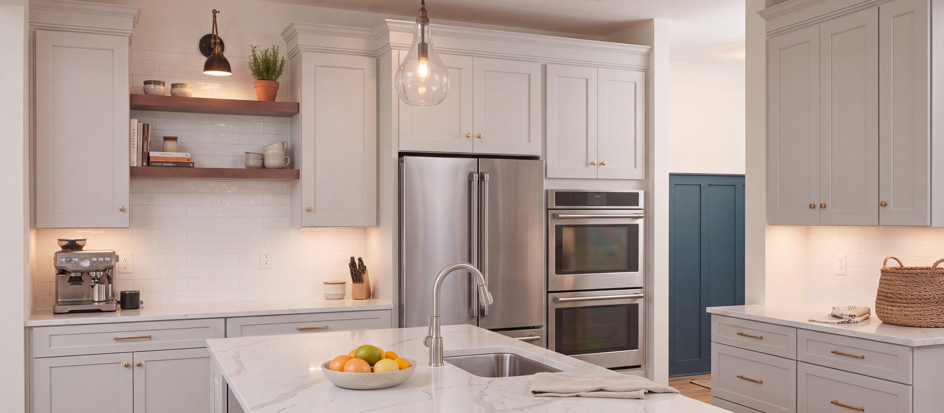 White kitchen with open shelving, wall ovens and an island